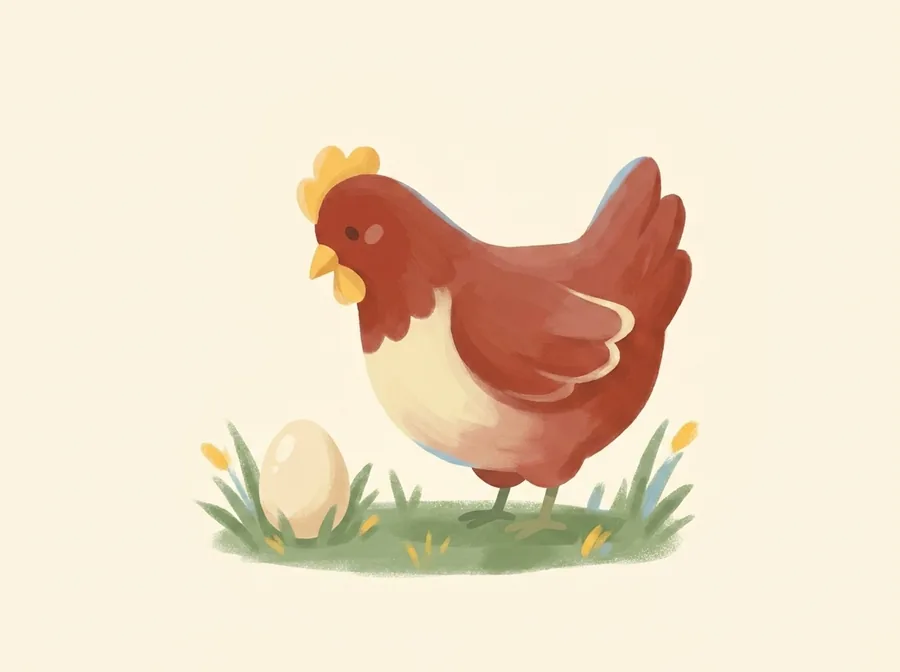 A hen standing beside a single egg in the grass