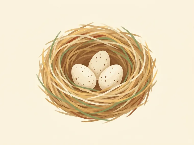 A woven nest holding three speckled eggs